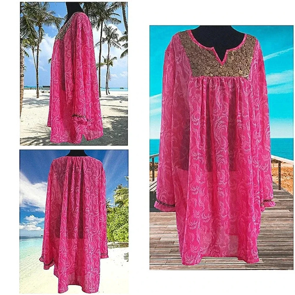 Boho 2XL Gypsy Flowy Festival Beaded Sheer Tunic Bell Sleeves Cover-Up Top - Picture 1 of 3